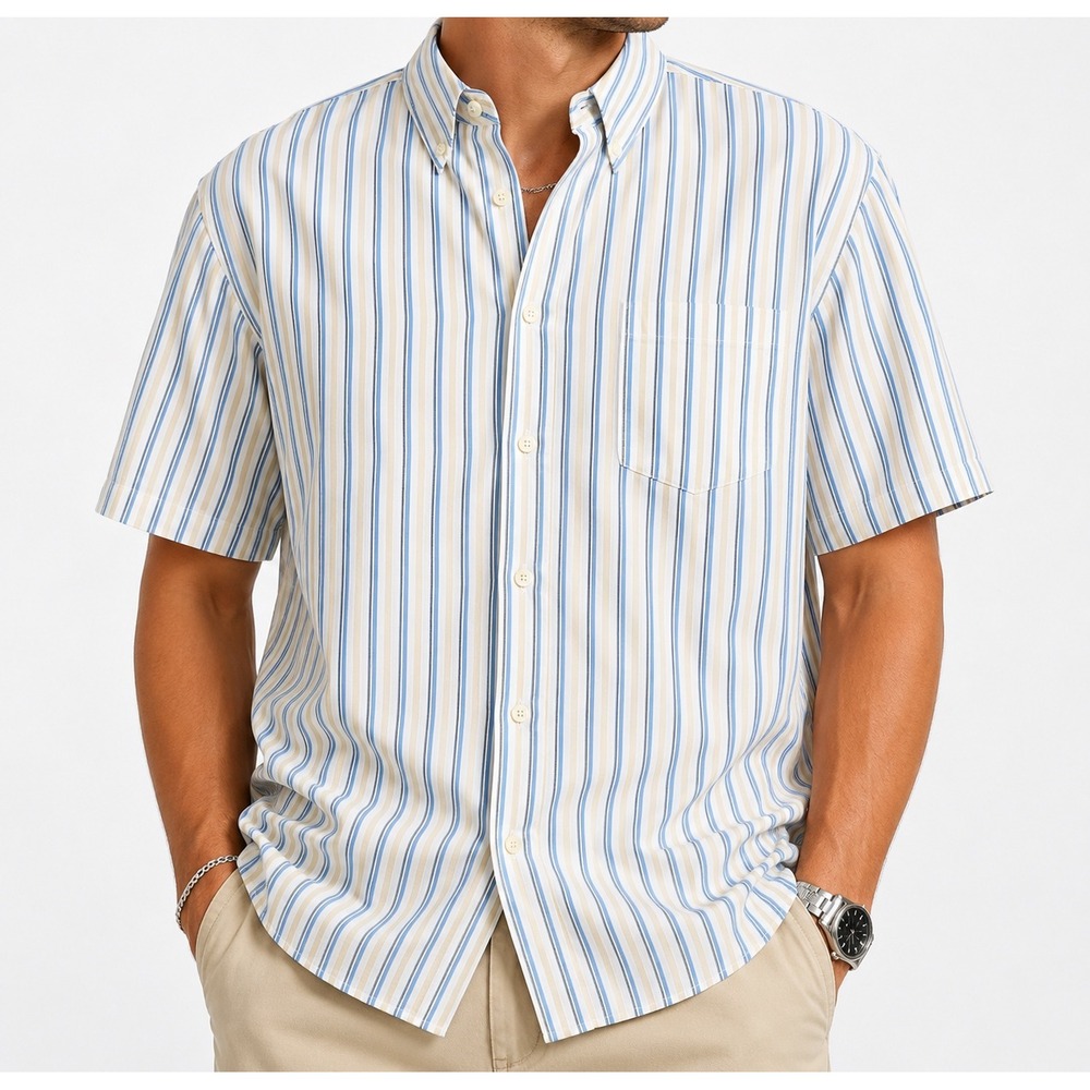 Hathaway Mens XL Short Sleeve Button Down Shirt Blue Yellow Striped Cotton